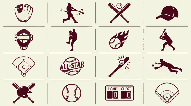 Baseball sport icons and elements set: players, equipment, and field illustrations