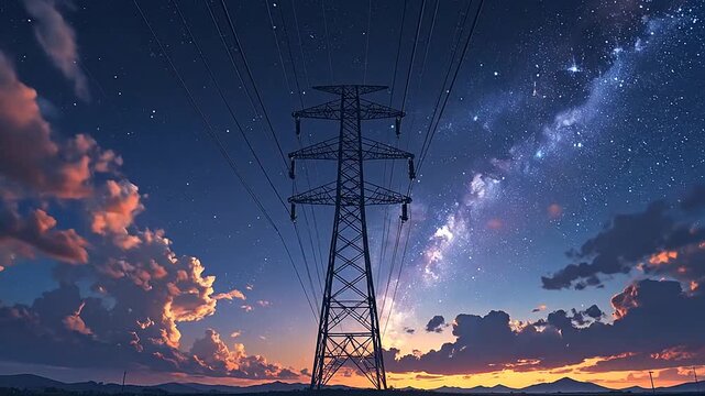 A tall electrical pylon stands against a vibrant starry night sky