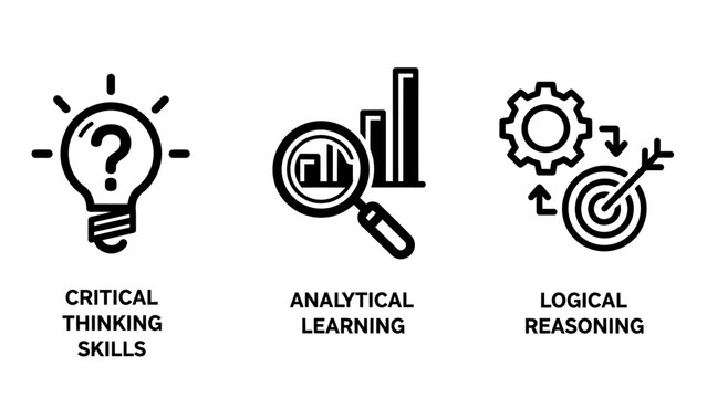 Critical thinking skills analytical learning logical reasoning icons with problem solving magnifying glass black and white thinking analysis learning reasoning question strategy cognition
