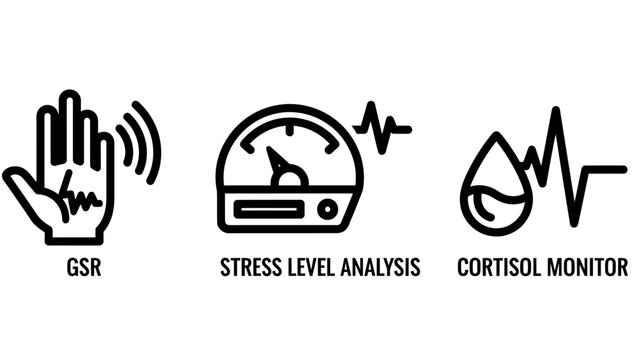 Gsr stress and cortisol monitoring icons with galvanic skin response cortisol analysis measurement wellbeing psychology physiological response indicator collection information illustration