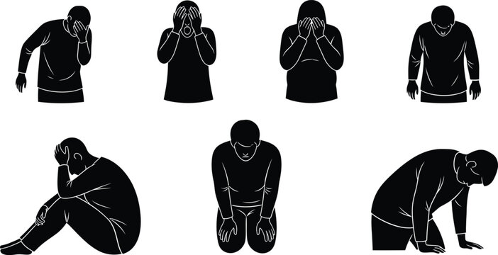 Sad and depressed man silhouettes set with disappointed male character covering face and crying in despair