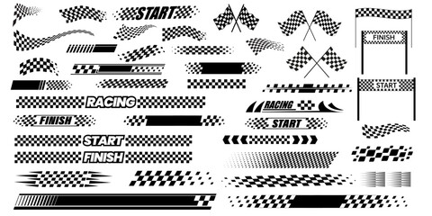 Checkered Speed Flags & Motorsport Banners – Black White Racing Icons for Start Finish Design. TurboTrack Racing Arrow Pack © PixelNest