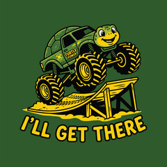 Cute turtle driving a monster truck jumping over a ramp with text © MdAnisul