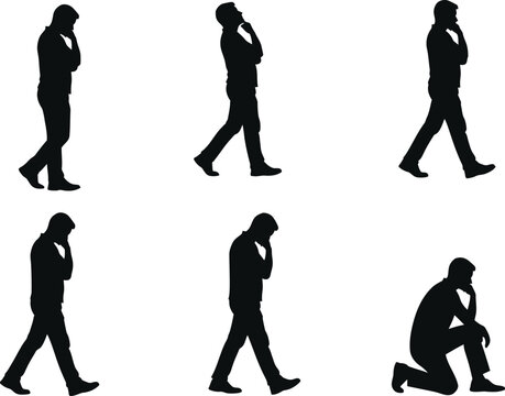 Sad and pensive man walking and kneeling silhouettes set representing depression anxiety worry and deep thinking