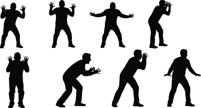 Scared and shocked man silhouettes set reacting to fear panic or shouting in danger concepts