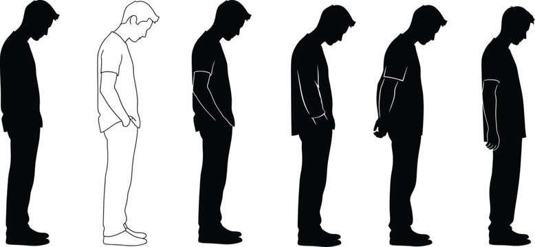 Sad man standing looking down silhouettes and outline set representing depression loneliness or shame concept