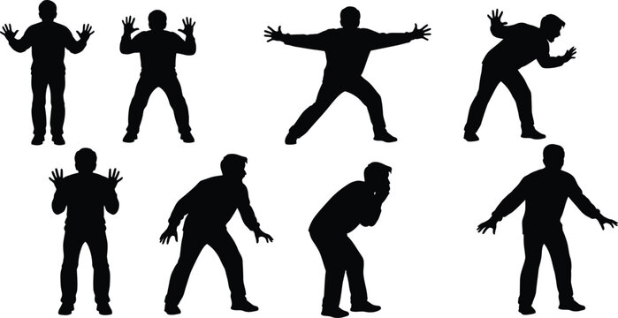 Scared and shocked man silhouettes set representing fear panic stop gesture and frightened male expressions