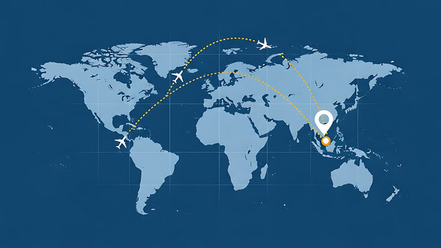 Airplane flight routes connecting continents on world map