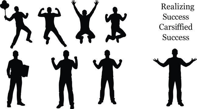 Successful man celebrating silhouettes set with happy male character jumping cheering and holding balloons
