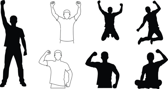 Successful man celebrating silhouettes and outline set with happy male character jumping cheering and raising fist