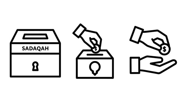 Outline icons of sadaqah donation box giving money and charity concepts for philanthropy and social aid line art black and white donation philanthropy religion voluntary contribution kindness