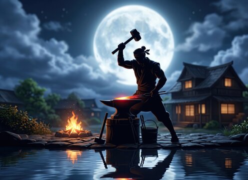 Generated AI set photos Japanese blacksmith forging sword under full moon
