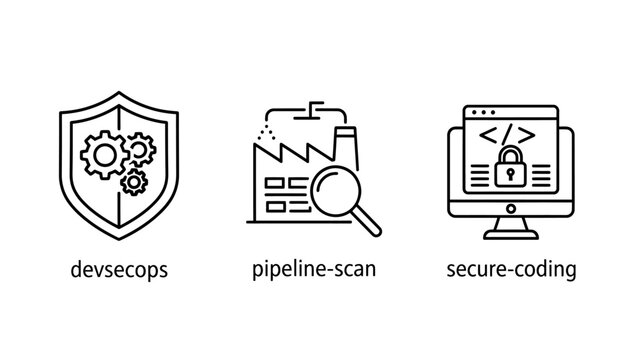 Cyber security and software development dev sec ops line icons set featuring pipeline scan and secure coding concepts devsecops security pipeline technology software development computer