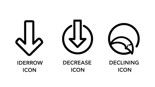 Set of financial decrease and declining trend icons representing economic downturn and negative market direction with decrease downward negative recession business direction indicator reduction