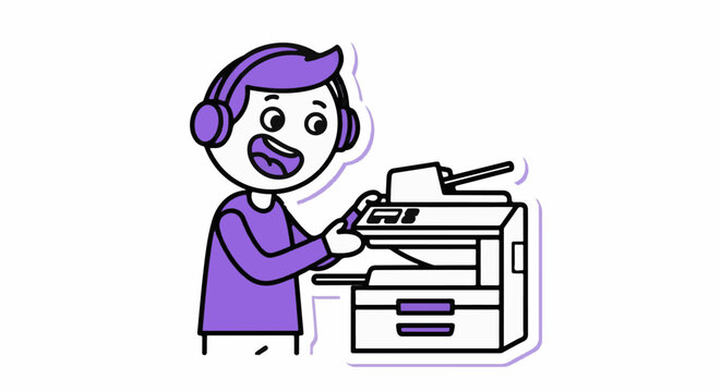 Cartoon character operating a large office printer machine.