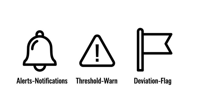 Alerts notifications threshold warnings deviation flag icons set for interface design with notification threshold deviation interface collection attention important information monitoring