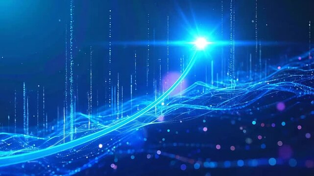 Digital arrow rising over a glowing blue data network landscape