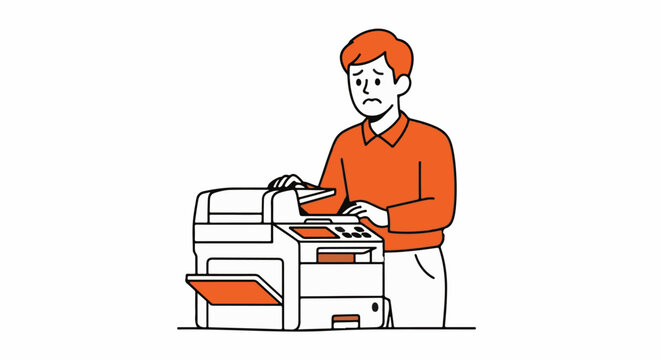 Frustrated office worker dealing with paper jam in printer.