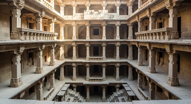 Abandoned ancient Indian stepwell architecture.