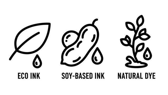 Sustainable and eco-friendly printing icons for eco ink soy-based ink natural plant dye labeling non toxic chemical free earth friendly environment sustainable biodegradable renewable