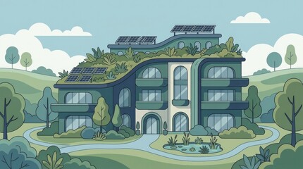 Obraz premium Sustainable eco hotel facade with solar panels in serene landscape green design concept for energy efficiency and modern architecture inspiration