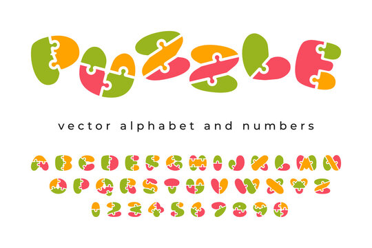 Puzzle font. Funny kids alphabet, bright letters and numbers, jigsaw typographic design, game style playful abc, pieces, playful educational template classy vector cartoon isolated set