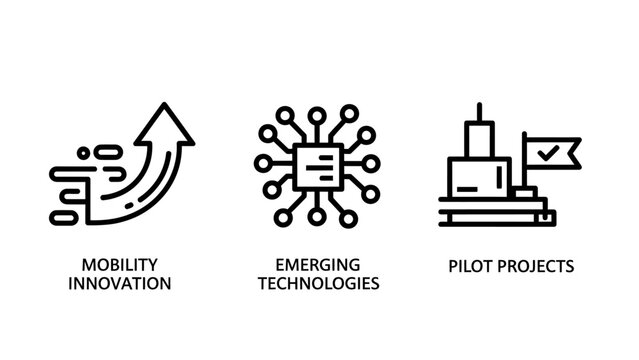 Conceptual technology icons representing mobility innovation emerging technologies and pilot projects with innovation mobility technology development computing engineering business strategy