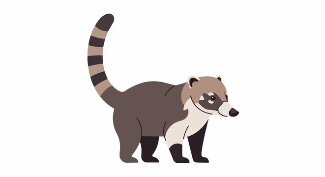 A simplified, cartoon-like coati stands facing right with a long, ringed tail