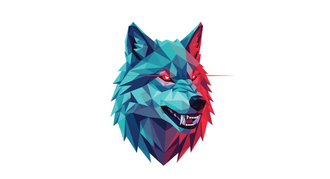 A stylized wolf head rendered in blue and red geometric polygons features glowing eyes and exposed teeth against a clean white background with sharp shadows.