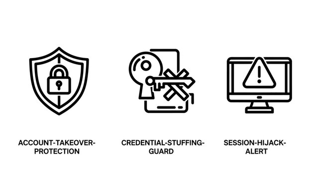 Cybersecurity icons showing account takeover protection credential stuffing guard and session hijack alert with cybersecurity takeover protection credential stuffing security password internet
