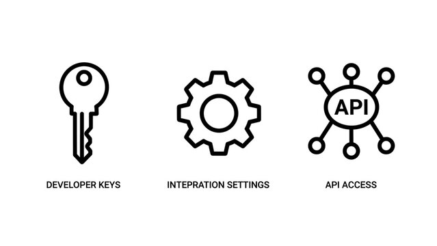Api development icons illustrating developer keys configuration settings and api access with development developer settings configuration connection software integration programming interface