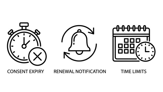 Consent expiry renewal notification and time limits icon set for subscription management with notification subscription calendar deadline stopwatch management schedule reminder protection