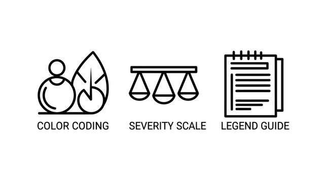 Data interpretation icons including color coding severity scale and legend guide with severity analysis classification information interpretation representation business research statistics
