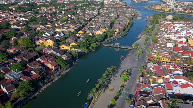 Aerial panoramic view of Hoi An city, Da Nang province, Vietnam. Panoramic footage of Hoian ancient town, UNESCO world heritage. One of the most travel popular touristic destinations 