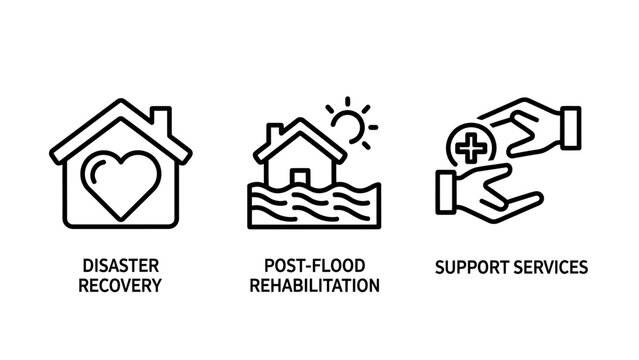 Disaster recovery post-flood rehabilitation and community support services icons disaster recovery rehabilitation services community rebuilding emergency management protection assistance