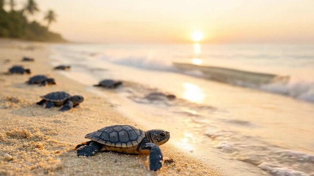 Baby sea turtles crawling on sandy beach at sunset with ocean waves and tropical nature landscape