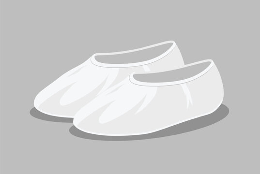 Illustration of two white disposable shoe covers or booties used in medical or cleanroom environments on a gray background.