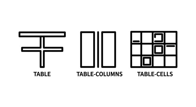 Line art icons representing table structure columns and cells for web design with structure formatting development interface document spreadsheet software programming information framework