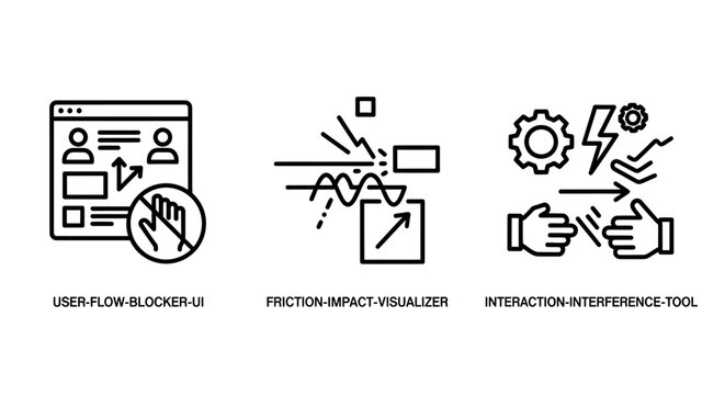 User experience and interaction obstacle icons with interaction experience obstacle blocking interference interface usability technical performance friction workflow connection disruption