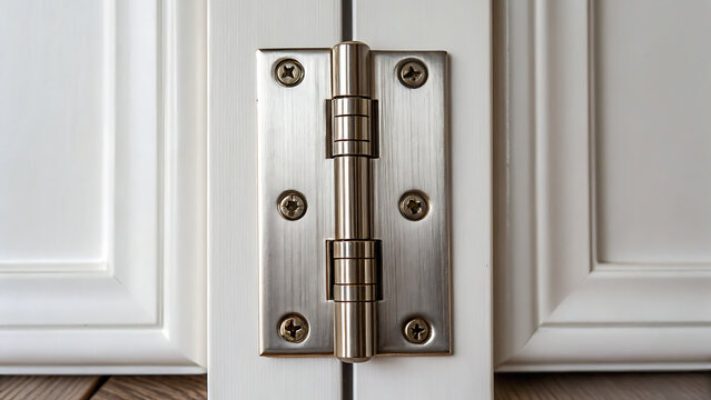 Close-up of a brushed nickel door hinge on a white cabinet door