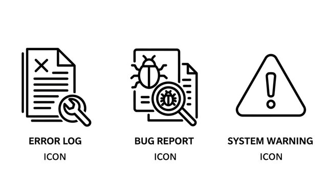 Software development debugging icons set featuring error log bug report and system warning alert symbols software development debugging programming technology computer maintenance technical