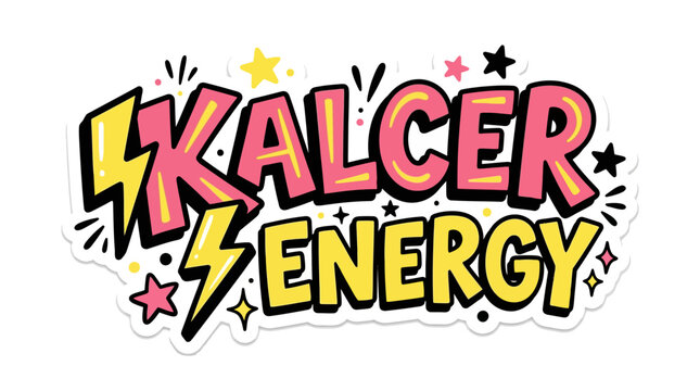 Colorful Kalcer Energy text logo with lightning bolts and stars.