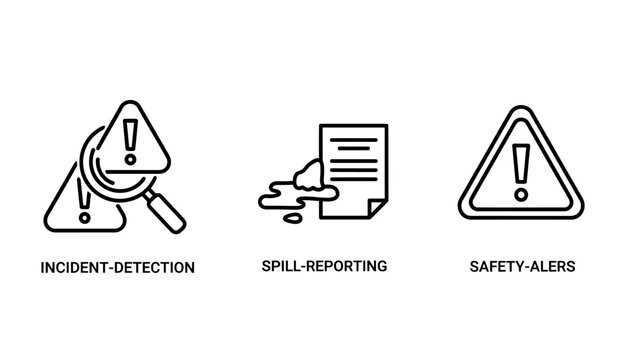 Incident detection spill reporting and safety alerts outline icon set with incident detection reporting triangle magnifying management protection emergency industrial environmental security