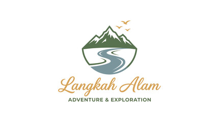 Fototapeta premium Langkah Alam Adventure and Exploration Mountain River Logo Design.