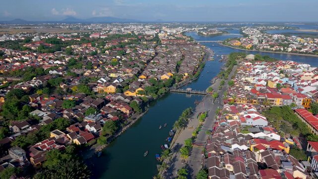 Aerial panoramic view of Hoi An city, Da Nang province, Vietnam. Panoramic footage of Hoian ancient town, UNESCO world heritage. One of the most travel popular touristic destinations 