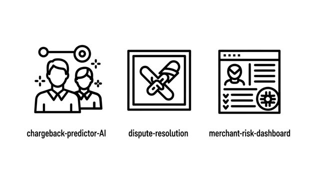 Financial risk and fraud prevention icons set featuring AI chargeback prediction and dispute resolution chargeback prediction resolution merchant dashboard security analytics transaction