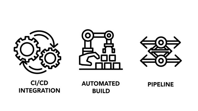 Software development and dev ops icons set depicting ci cd integration automated build and pipeline with software development integration automation pipeline deployment engineering workflow