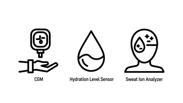 Biometric data monitoring hydration level sensor sweat ion analyzer icons with biometric hydration analyzer wearable technology monitoring tracking analysis wellness diagnostic physiological