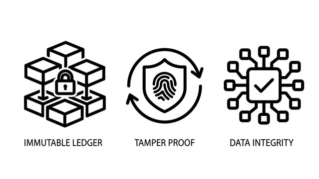 Blockchain technology and data integrity security icon set with blockchain immutable fingerprint integrity security cryptography transaction protection technology structure biometric
