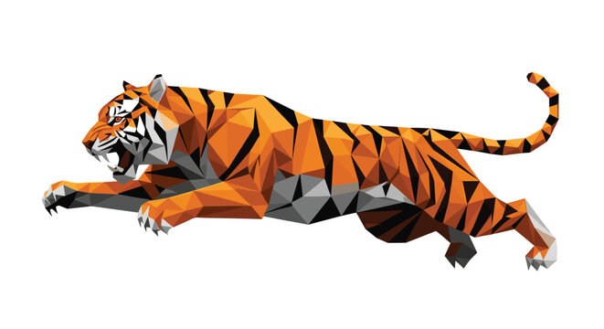 A fierce tiger leaps forward in a dynamic motion rendered through sharp orange and black triangular geometric facets against a plain white isolated background surface.